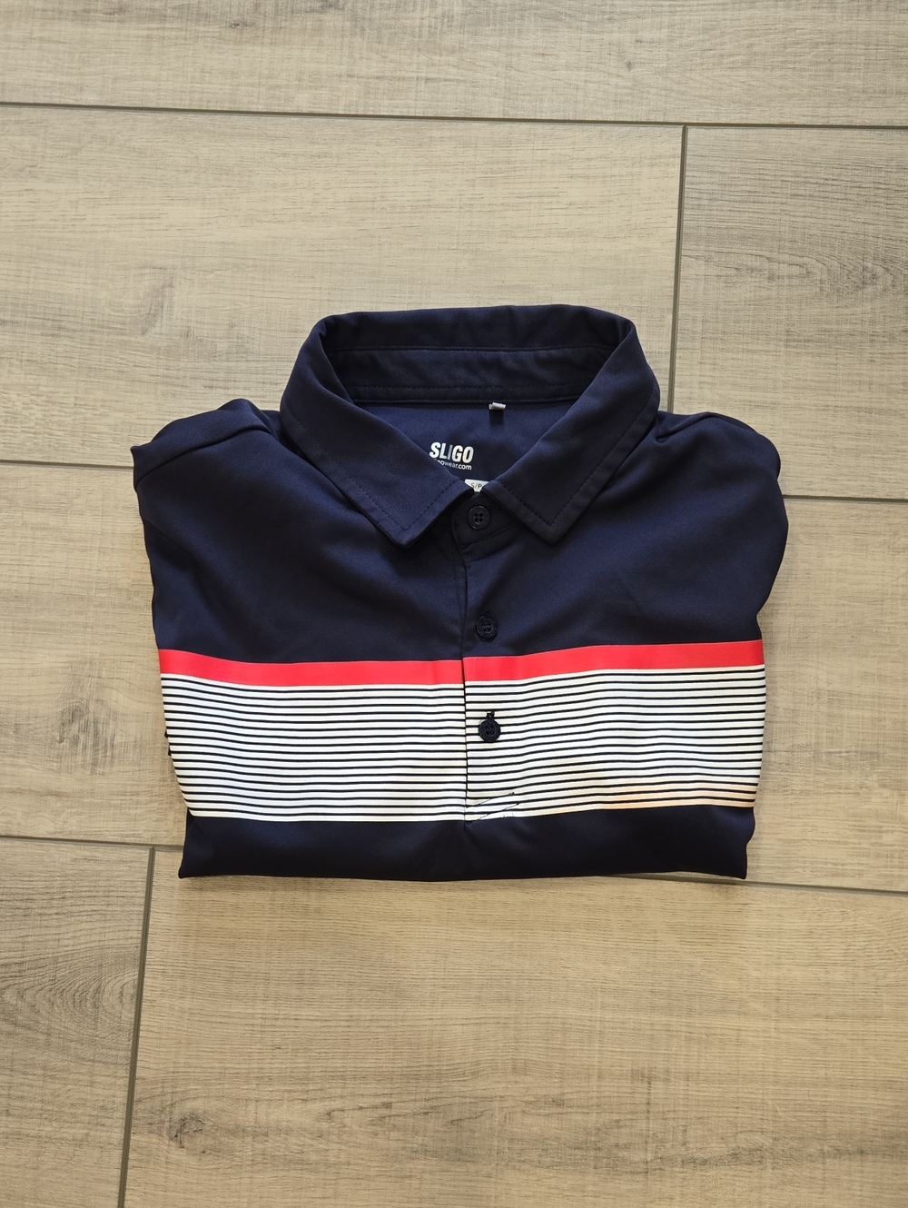 SLIGO Golf Men's Navy Polo with Red Accent and White Stripes